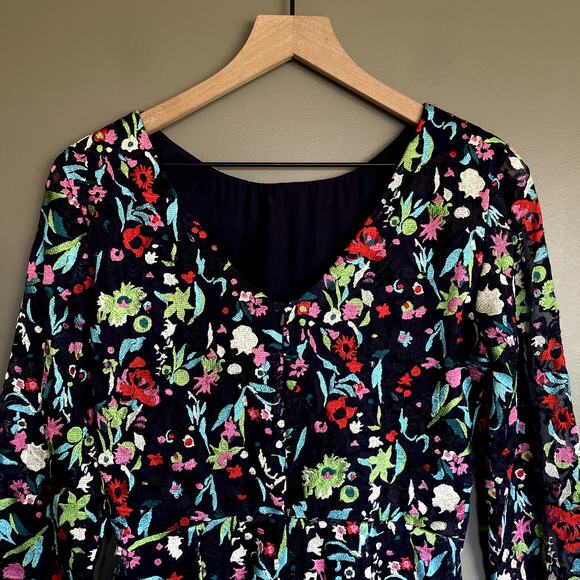 SALONI Florence Playsuit Size 6 Navy Blue Floral Embroidered Silk Long Sleeve - Picture 12 of 16